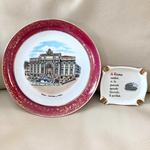 Rome Trevi Fountain Plate and Ashtray - Vintage Souvenirs - Italy
